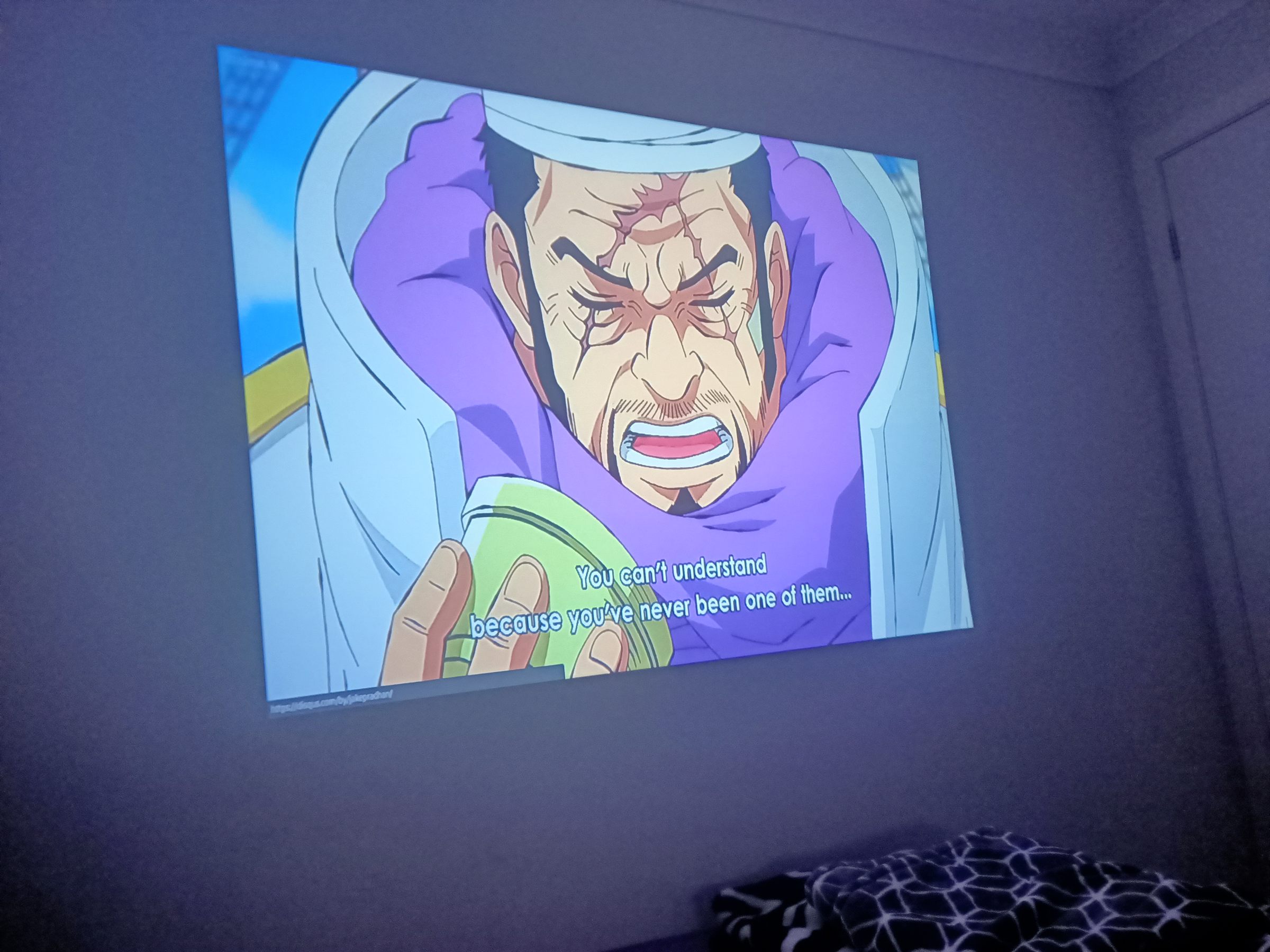 A scene from One Piece projected onto a bedroom wall